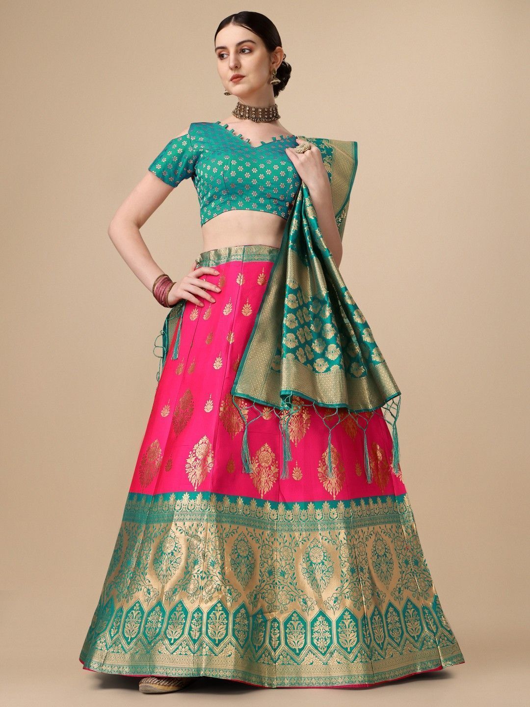 Pink Brocade Fabric Lehenga & Unstitched Blouse With Dupatta