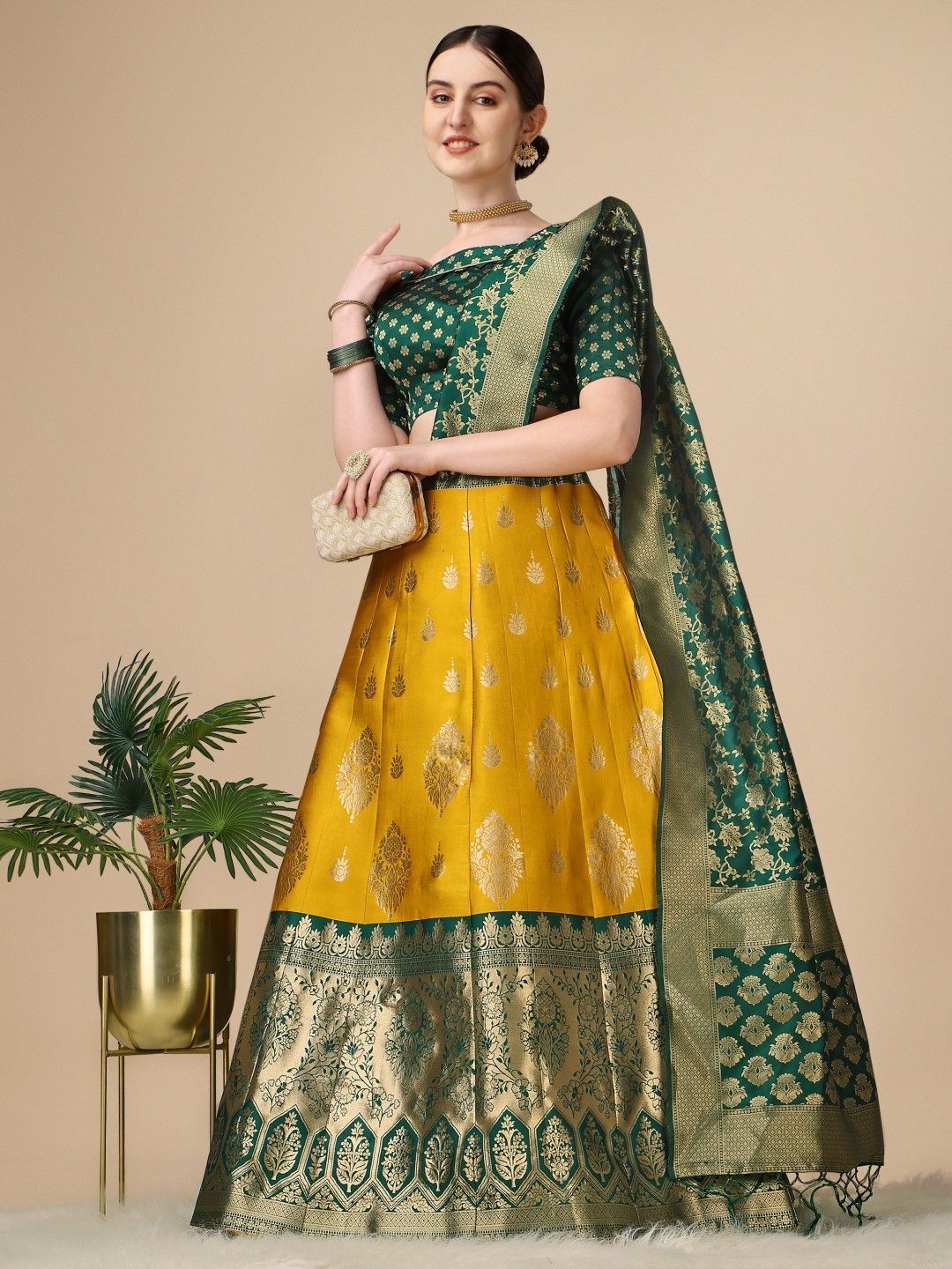 Yellow Brocade Fabric Lehenga & Unstitched Blouse With Dupatta