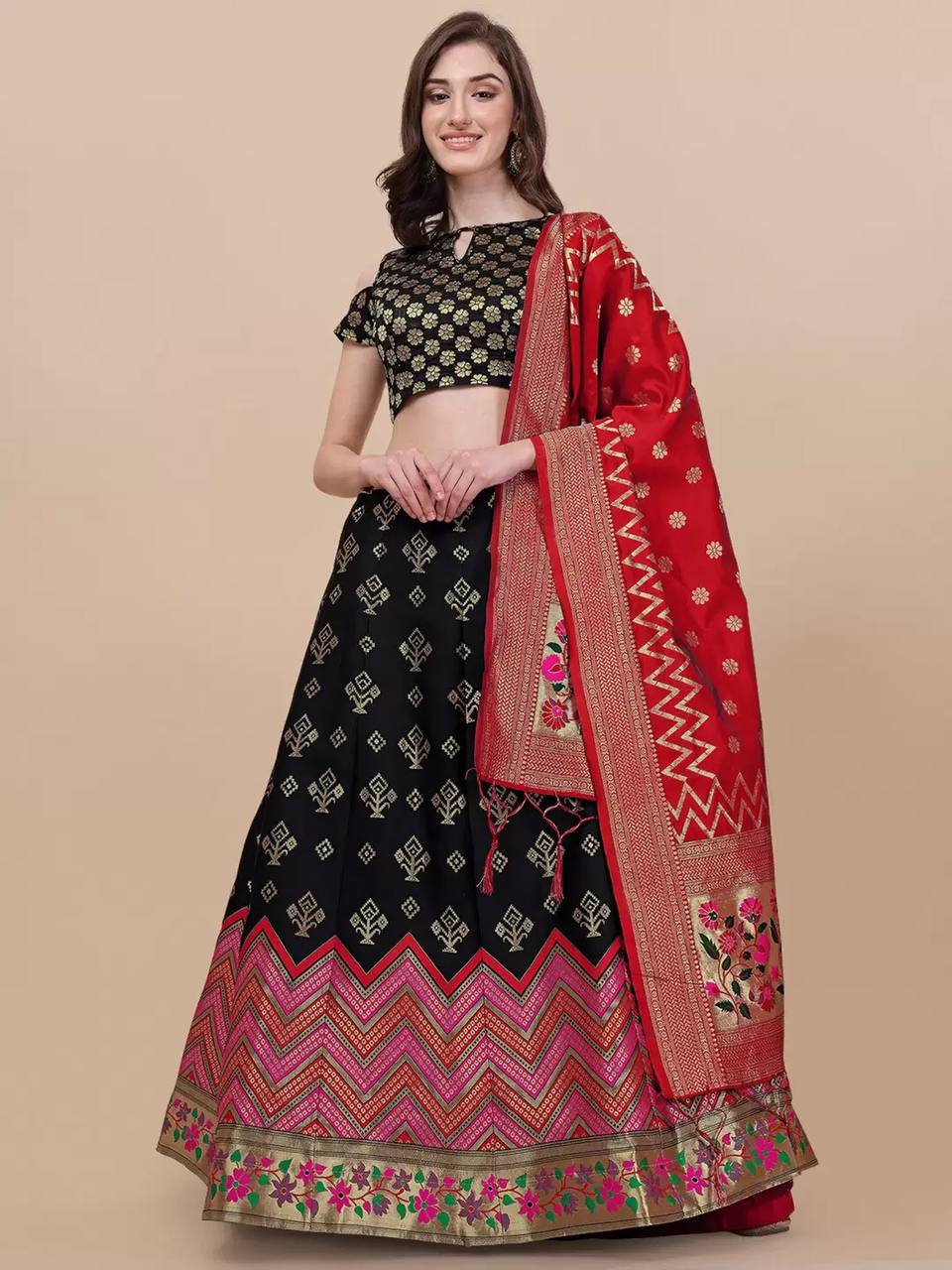 Black Brocade Fabric Lehenga & Unstitched Blouse With Dupatta