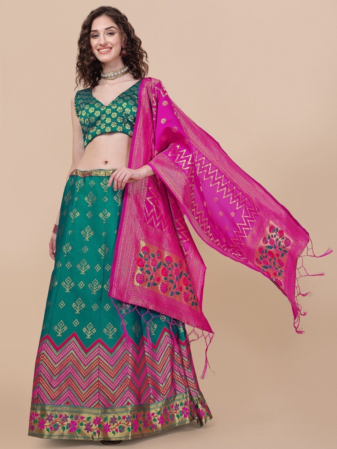 Teal Brocade Fabric Lehenga & Unstitched Blouse With Dupatta