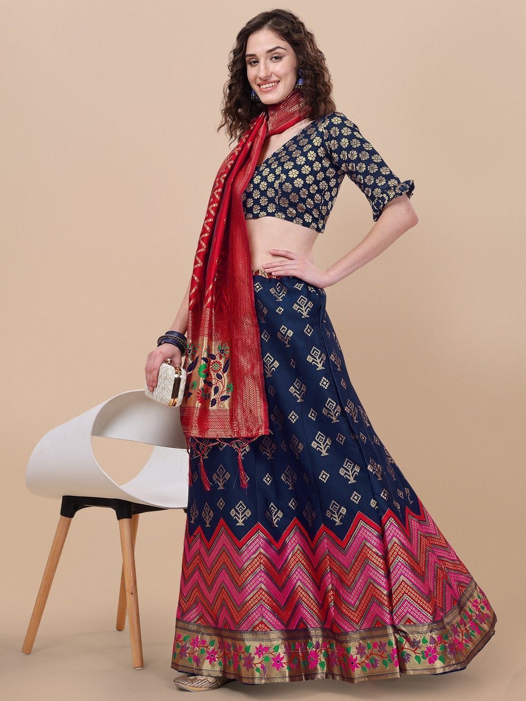 Blue Brocade Fabric Lehenga & Unstitched Blouse With Dupatta