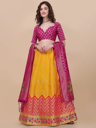 Yellow Brocade Fabric Lehenga & Unstitched Blouse With Dupatta