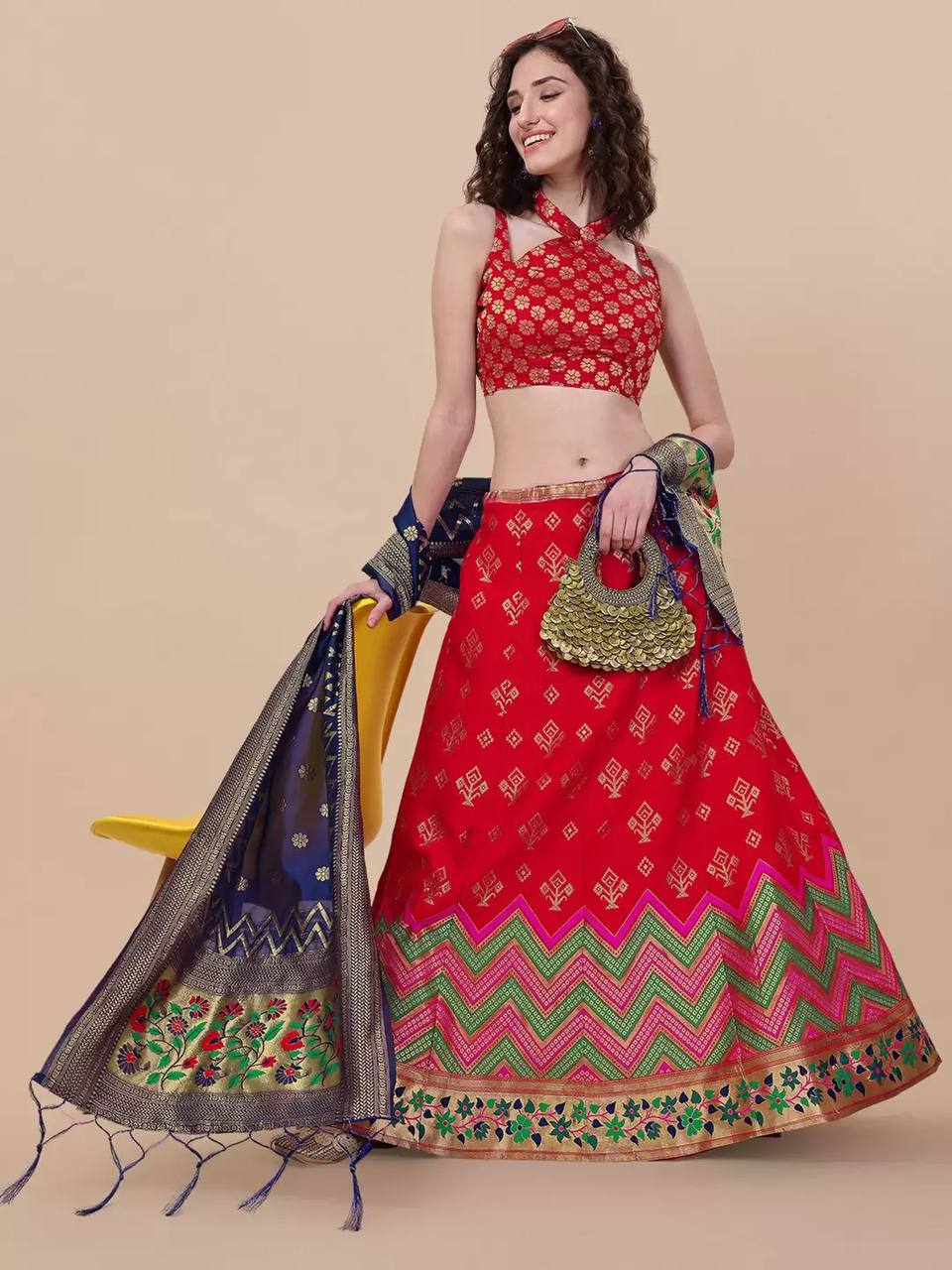 Red Brocade Fabric Lehenga & Unstitched Blouse With Dupatta