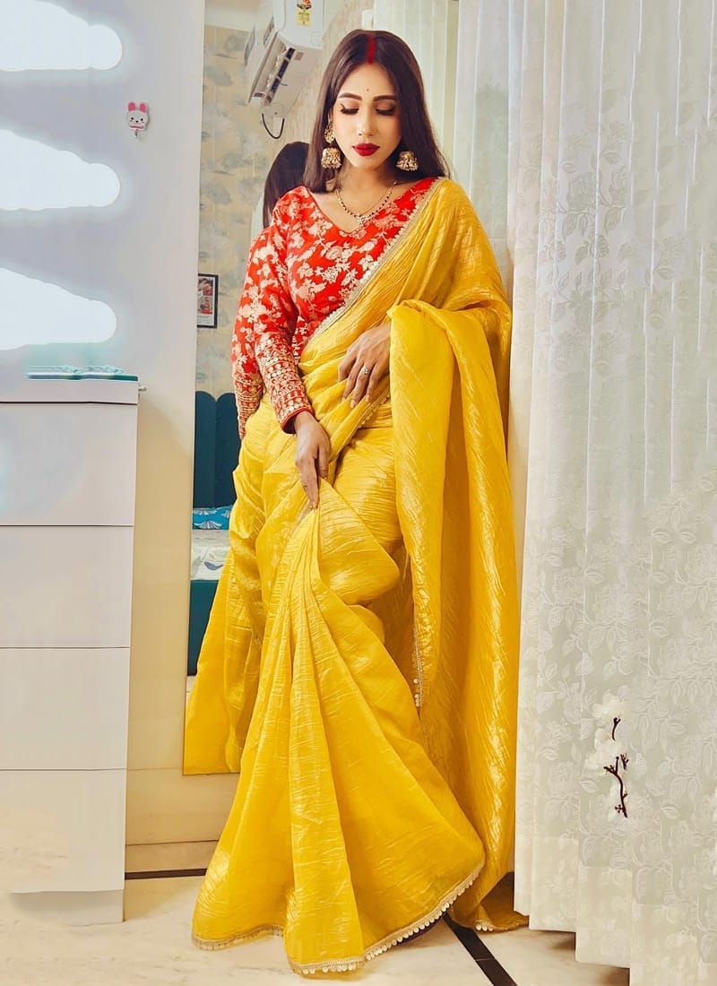 Attractive Yellow Crush Tissue Silk Saree with Jacquard Weaving Stitched Blouse