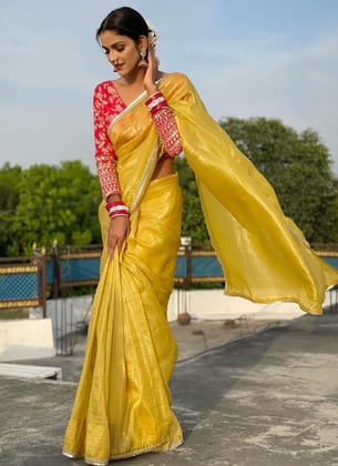 Attractive Yellow Crush Tissue Silk Saree with Jacquard Weaving Stitched Blouse