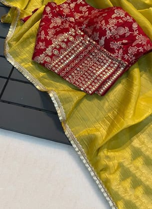 Attractive Yellow Crush Tissue Silk Saree with Jacquard Weaving Stitched Blouse