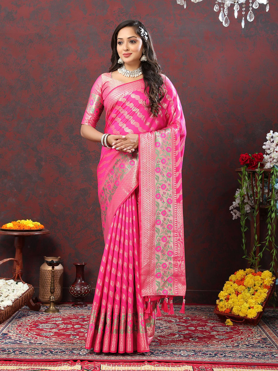 Pink Soft Silk Woven Design with Zari Weaving Leheriya Design Saree