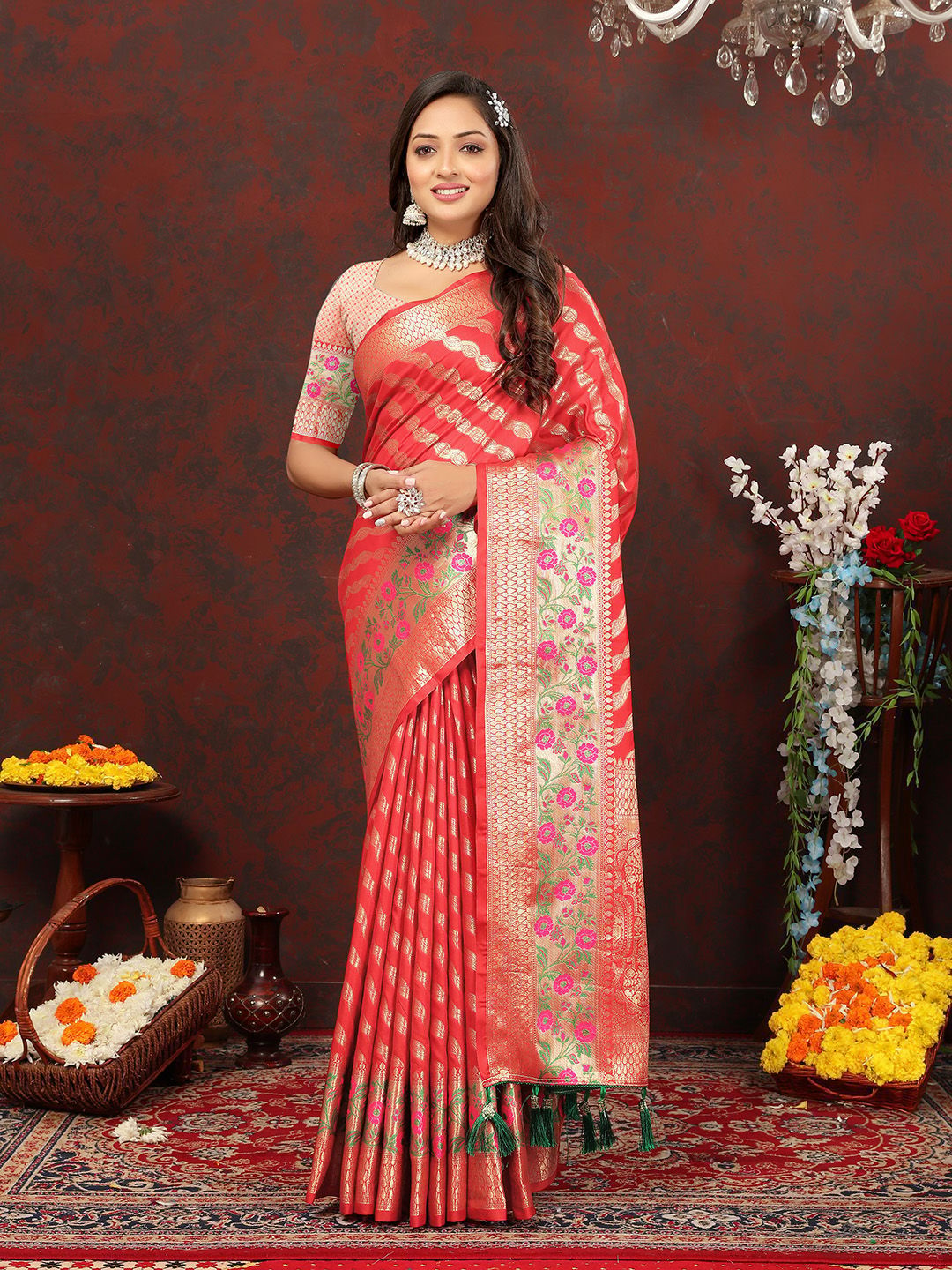 Red Soft Silk Woven Design with Zari Weaving Leheriya Design Saree