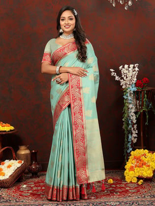 Skyblue Cotton Woven Design with Zari Weaving Design Saree