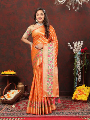 Orange Soft Silk Woven Design with Zari Weaving Leheriya Design Saree