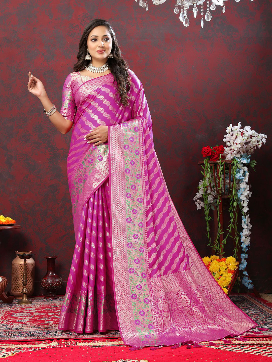 Magenta Soft Silk Woven Design with Zari Weaving Leheriya Design Saree