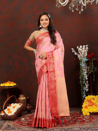 Pink Cotton Woven Design with Zari Weaving Design Saree