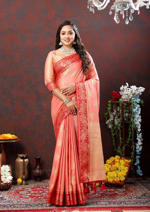 Peach Cotton Woven Design with Zari Weaving Design Saree