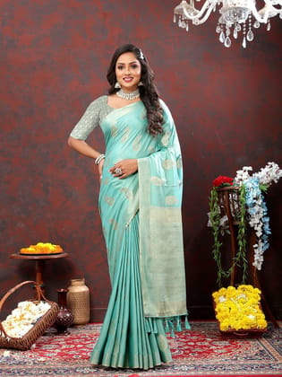 Skyblue Cotton Woven Design with Zari Weaving Design Saree