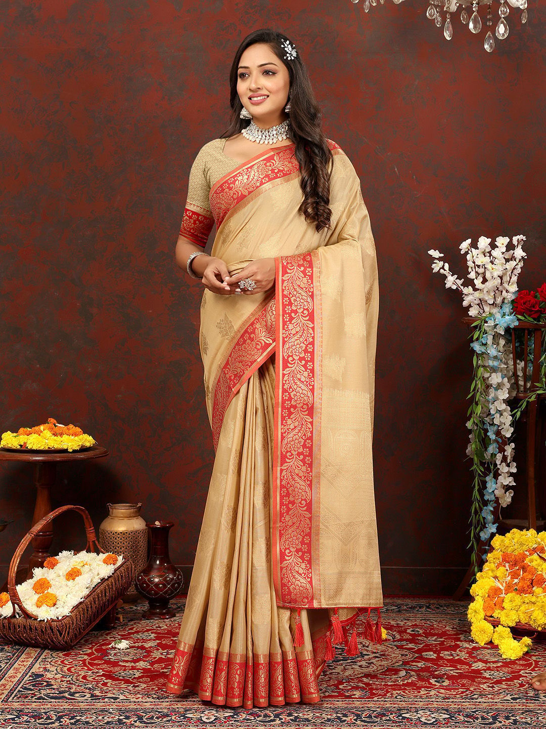 Cream Cotton Woven Design with Zari Weaving Design Saree