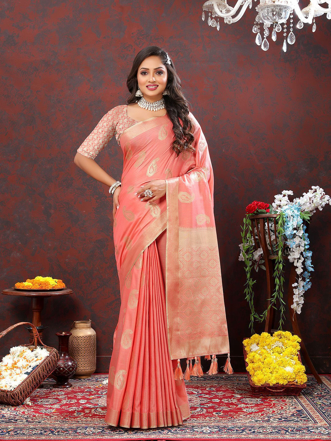 Peach Cotton Woven Design with Zari Weaving Design Saree