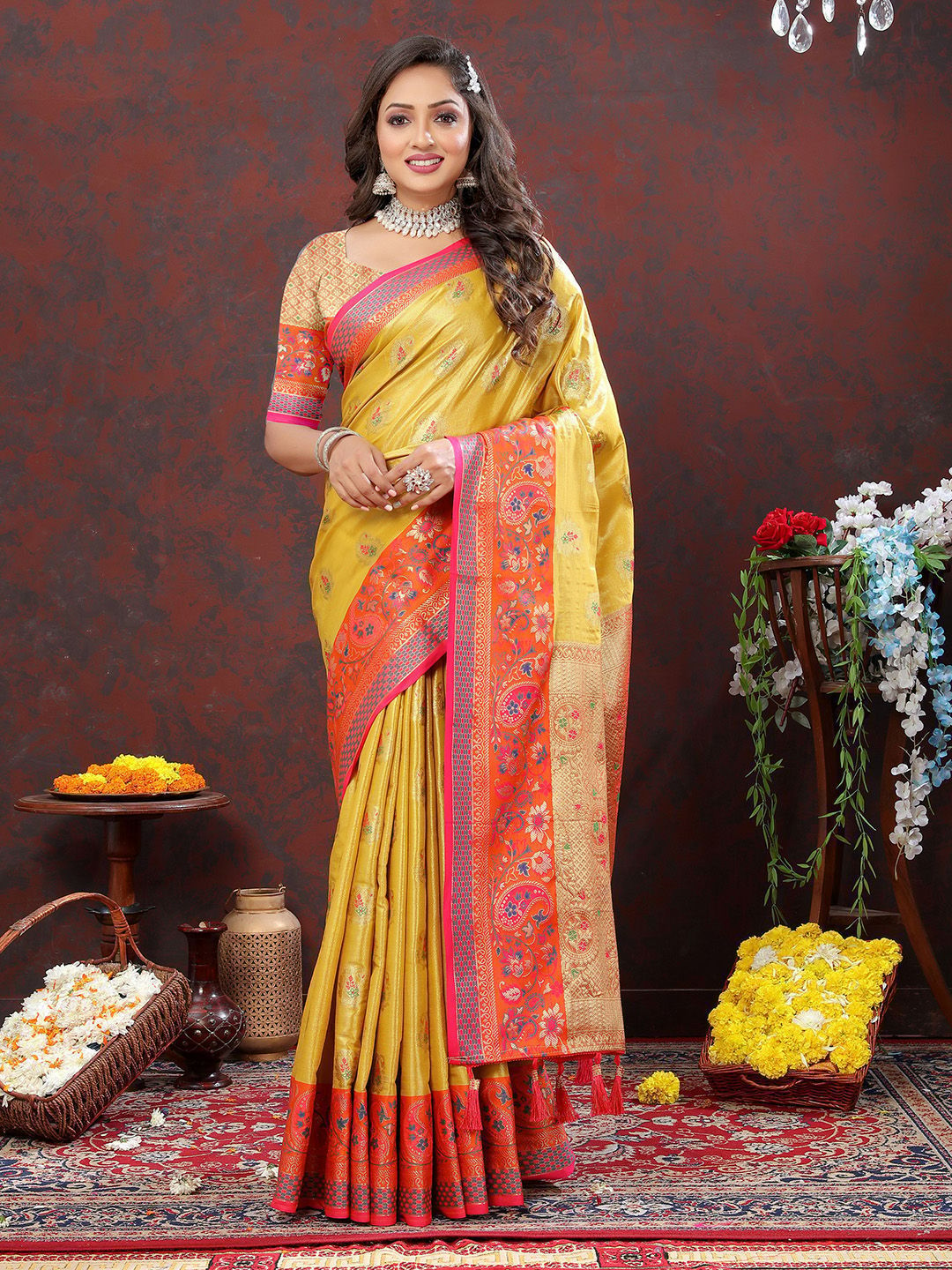 Yellow Kanjivaram Silk Woven Design with Zari Weaving Saree