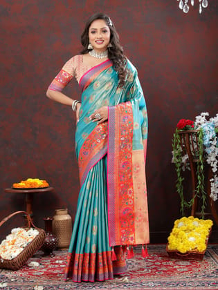 Skyblue Kanjivaram Silk Woven Design with Zari Weaving Saree