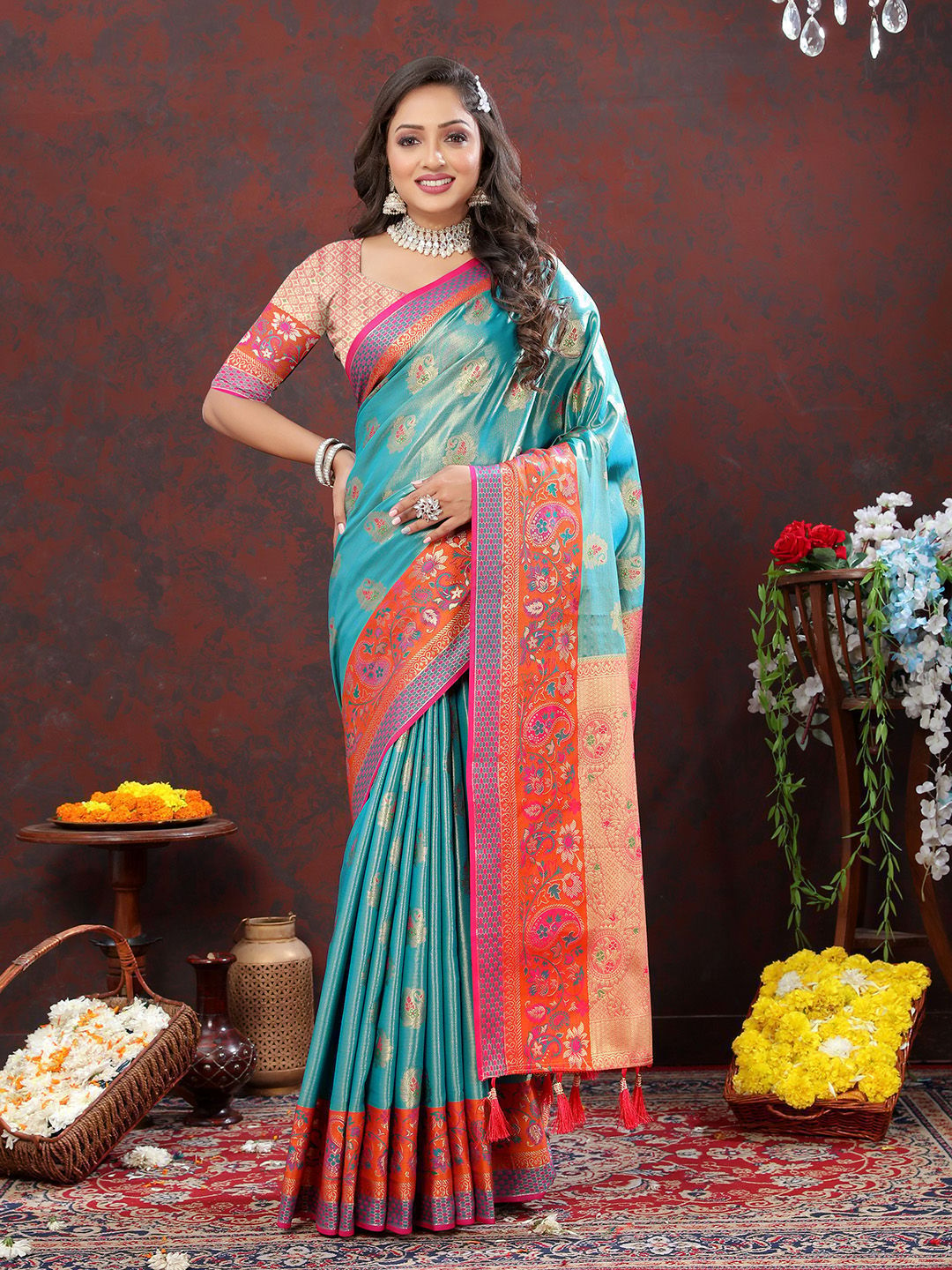 Skyblue Kanjivaram Silk Woven Design with Zari Weaving Saree