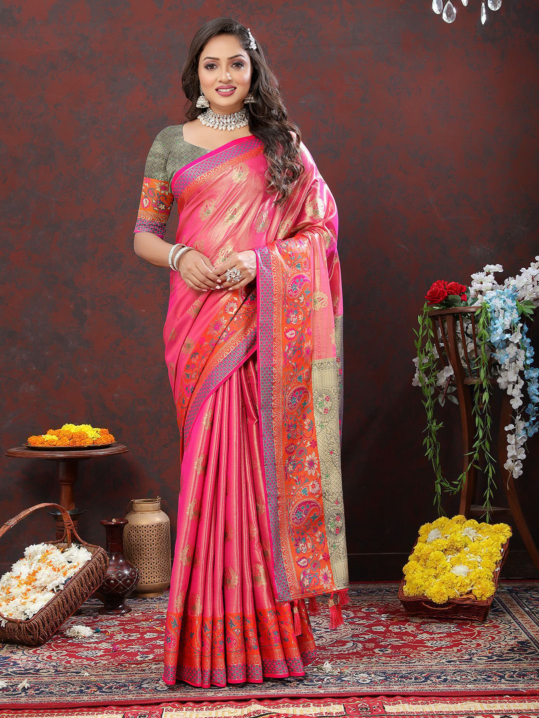 Pink Kanjivaram Silk Woven Design with Zari Weaving Saree