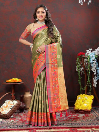 Mehndi Kanjivaram Silk Woven Design with Zari Weaving Saree