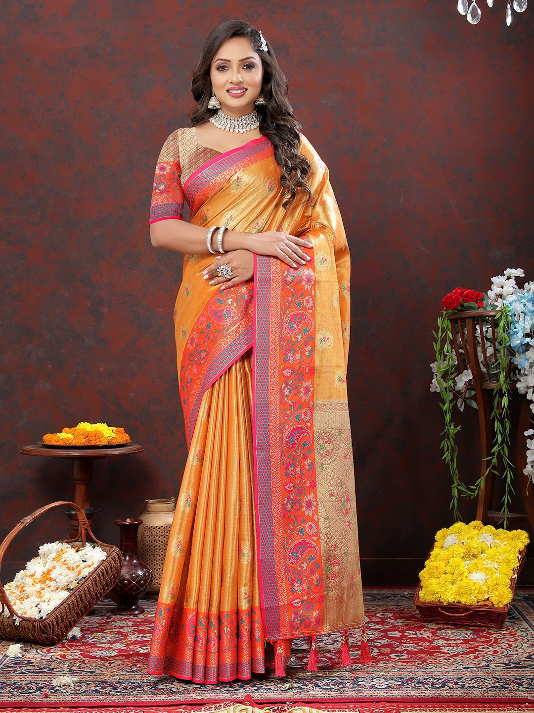 Orange Kanjivaram Silk Woven Design with Zari Weaving Saree