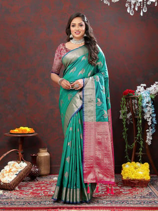 Teal Soft Silk Woven Design Zari Weaving Saree