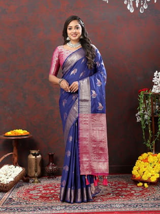 Navyblue Soft Silk Woven Design Zari Weaving Saree