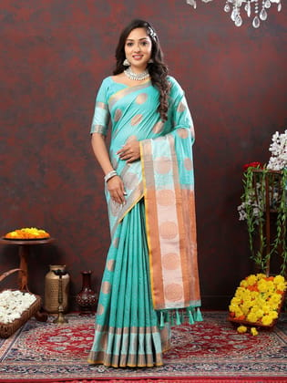 Skyblue Cotton with Woven Design Zari Weaving Saree