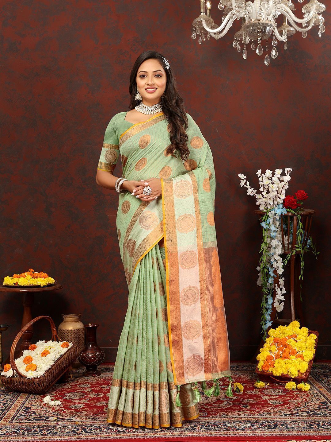 Seagreen Cotton with Woven Design Zari Weaving Saree