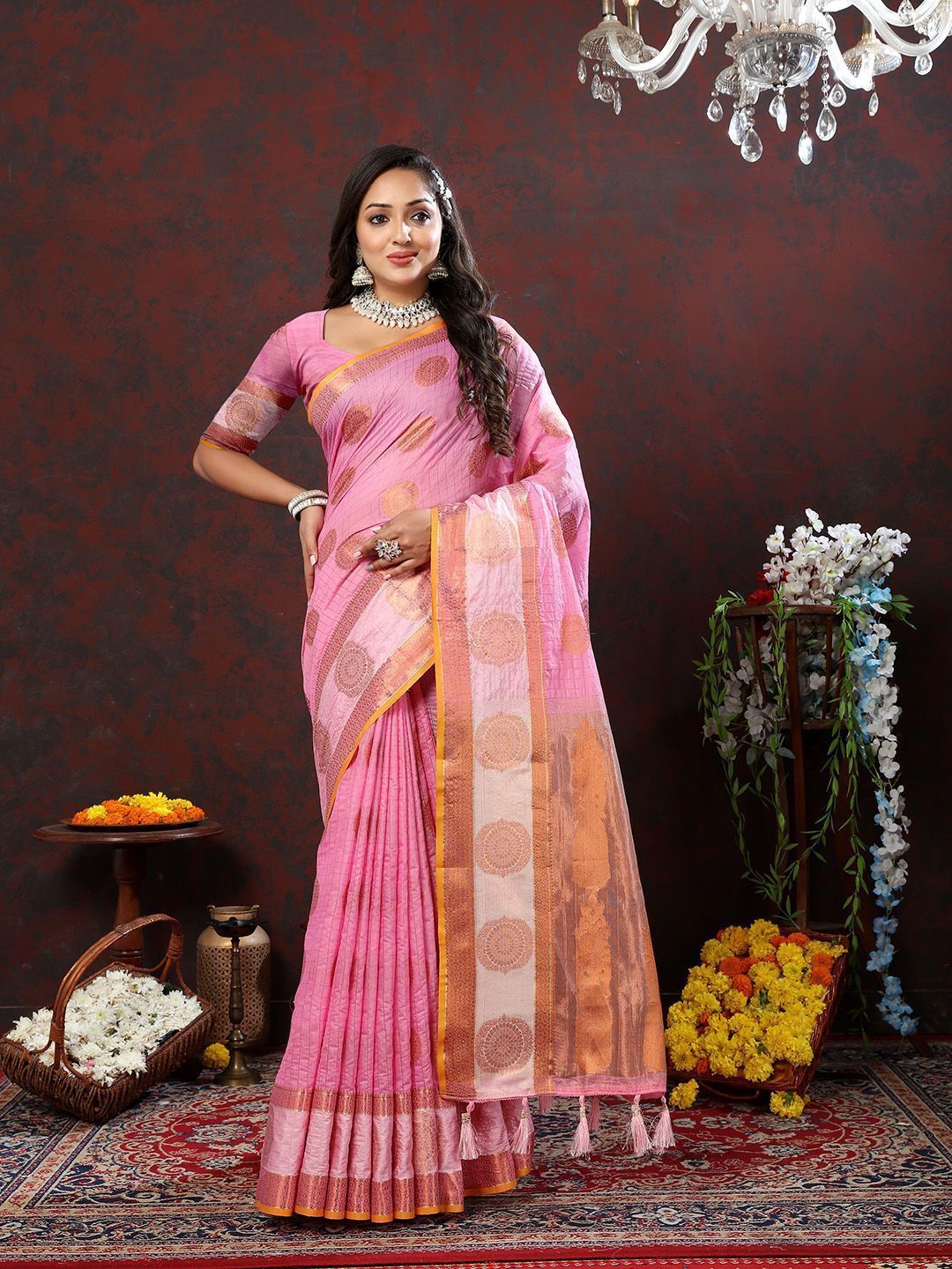 Pink Cotton with Woven Design Zari Weaving Saree