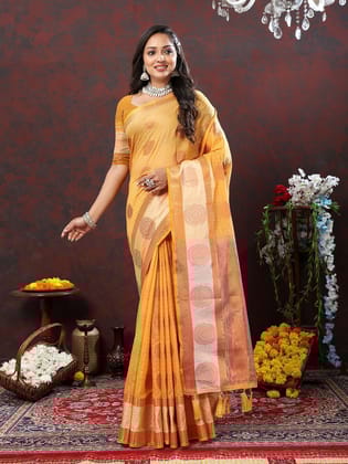 Orange Cotton with Woven Design Zari Weaving Saree