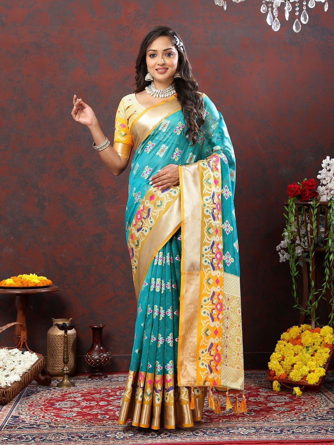 Teal Organza Silk Woven Design with Meenakari Weaving Saree