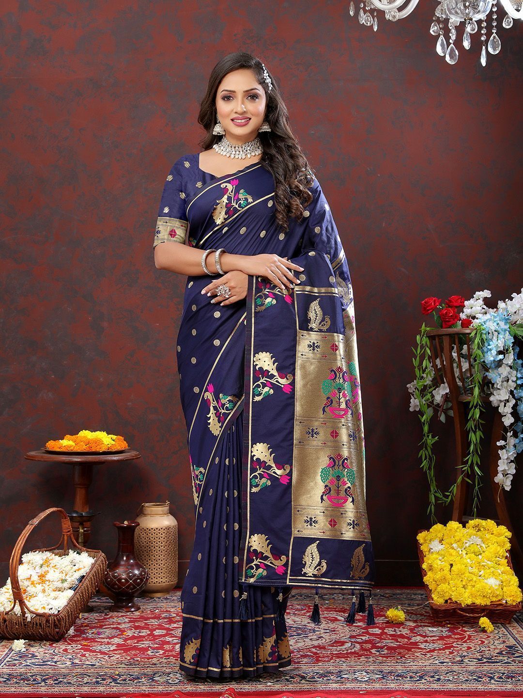 Navyblue Soft Paithani Silk Woven Design Gold Zari Meenakari Weaving Saree