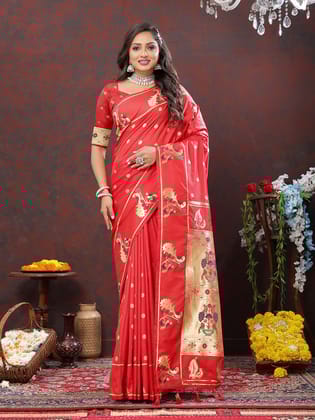 Red Soft Paithani Silk Woven Design Gold Zari Meenakari Weaving Saree