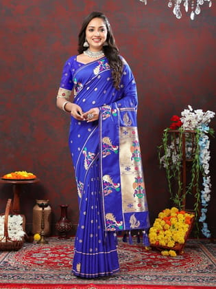 Blue Soft Paithani Silk Woven Design Gold Zari Meenakari Weaving Saree