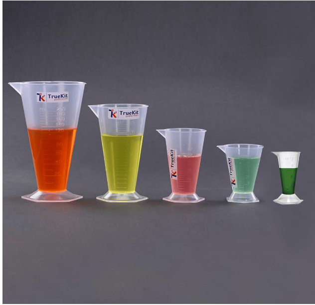 TRUEKIT Transparent Plastic Measuring Beaker Cup Conical Measure with Graduation Marks. (12ml+25ml+50ml+125ml+200ml)