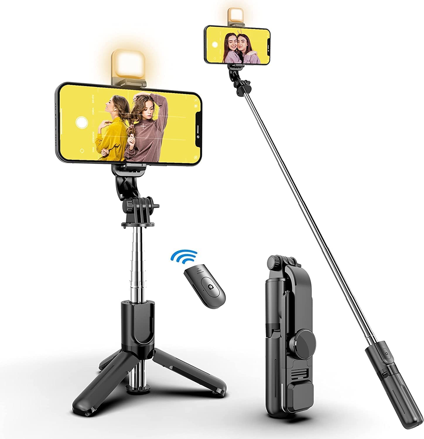 Selfie Stick with Tripod Stand, 3 in 1 Multifunctional design, Rechargable LED Light with Two Brighness Levels for Make up, Selfie, Vlogging & Photo Shoot, Selfie stick with Bluetooth Remote