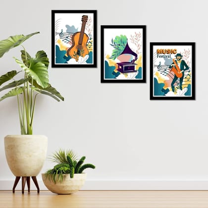 ARTVIBES Music Festival, Digital Reprint Posters with Synthetic Wooden Frame Painting for Home, Office Decorative Item (PF_5143N, Multicolour, 11 x 14 inch), Set of 3