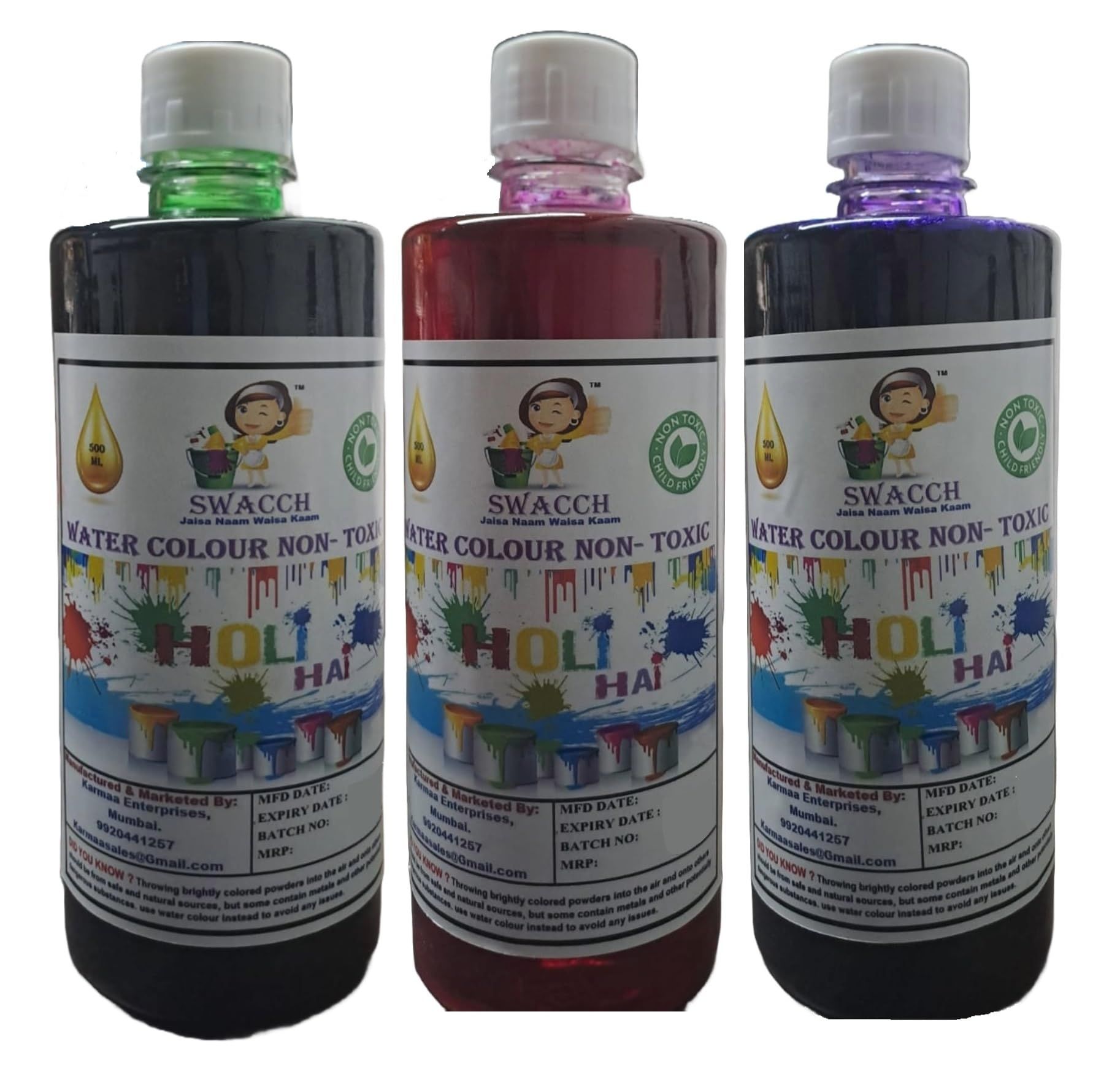 SWACCH WATER COLOUR NON-TOXIC & ECO FRIENDLY COLOUR (GREEN, PINK & BLUE) (500ML) (PACK OF 3)