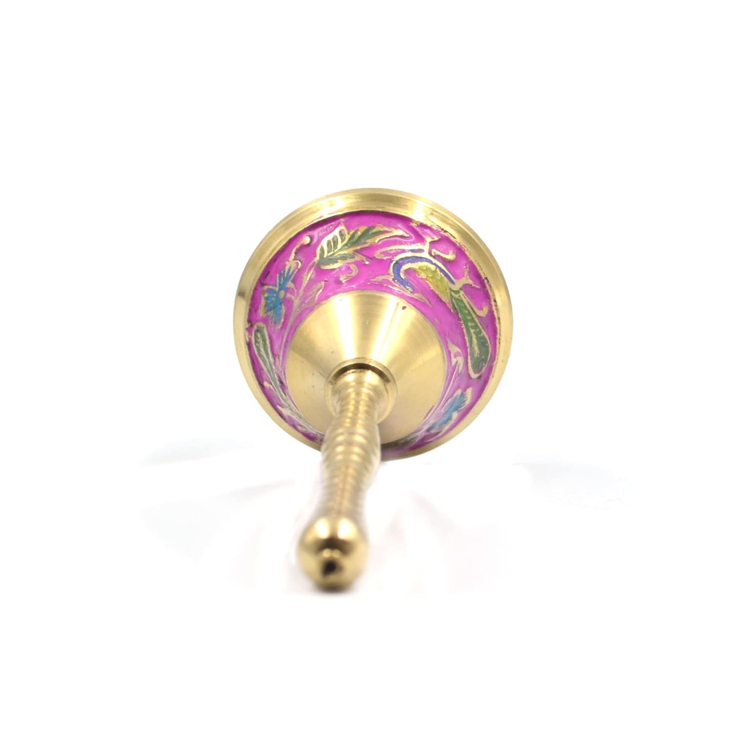 Shakuntala Vintage Brass Hand Bell Peacock Meenakari Paint, Puja Prayer Ghanti - (4.5 inches Height)