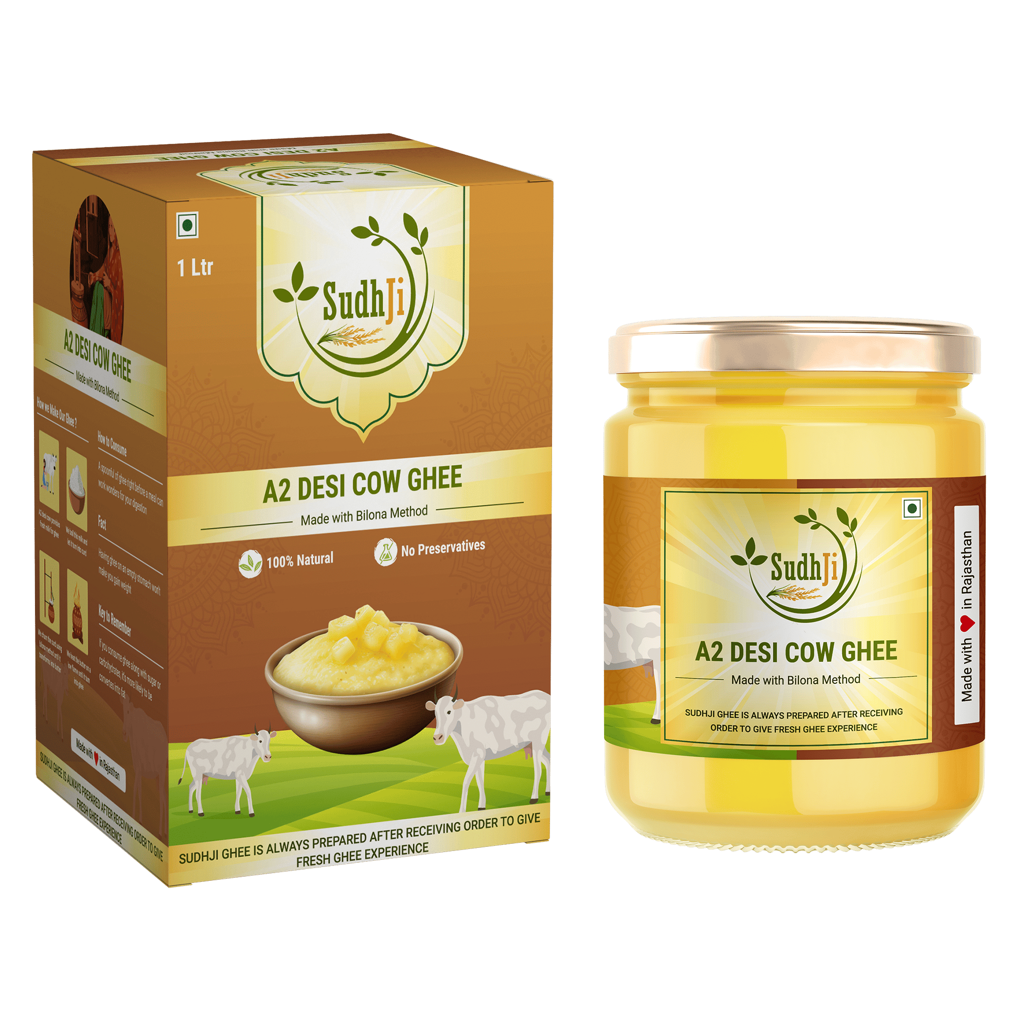 SUDHJI A2 Bilona Desi Cow Ghee 500 ML | Glass Jar | Purely From Village | Grass Fed Rathi, Sahiwal, and Gir Cow | 100% Dairy Farm-Made, Natural, and Fresh | Lab Certified | Winner of the Bhawan Award