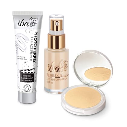 Iba Primer + Foundation + Compact Base Combo, Snow White | Long Lasting, Full Coverage Base Makeup l Vegan & Cruelty Free