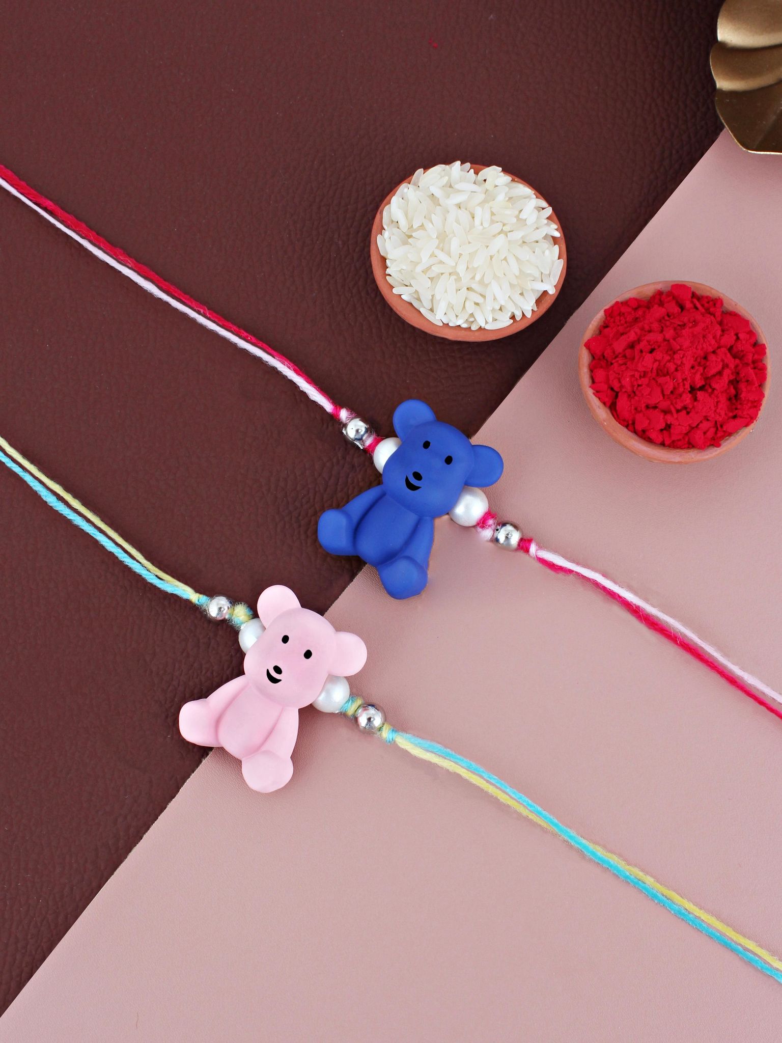 Lucky Jewellery Designer Pink and Blue Color Teddy Bear Kids Rakhi - Rakshabandhan Plastic Cute Teddy Rakhee Bracelet for Brother/Bhaiya/Bhai/Bhabhi & Kids - Pack of 2 (105-CHR1-1206-PKB-2)