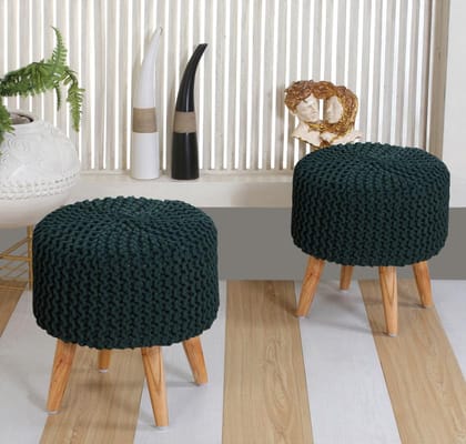 Shadowkart Jute Pouffes Sitting Stool for Living Room Puffy Wooden Ottoman Stools Cotton Knitted Poufe Furniture Footrest Pouf Footstool for Office Home Decor, 42x42x43Cm