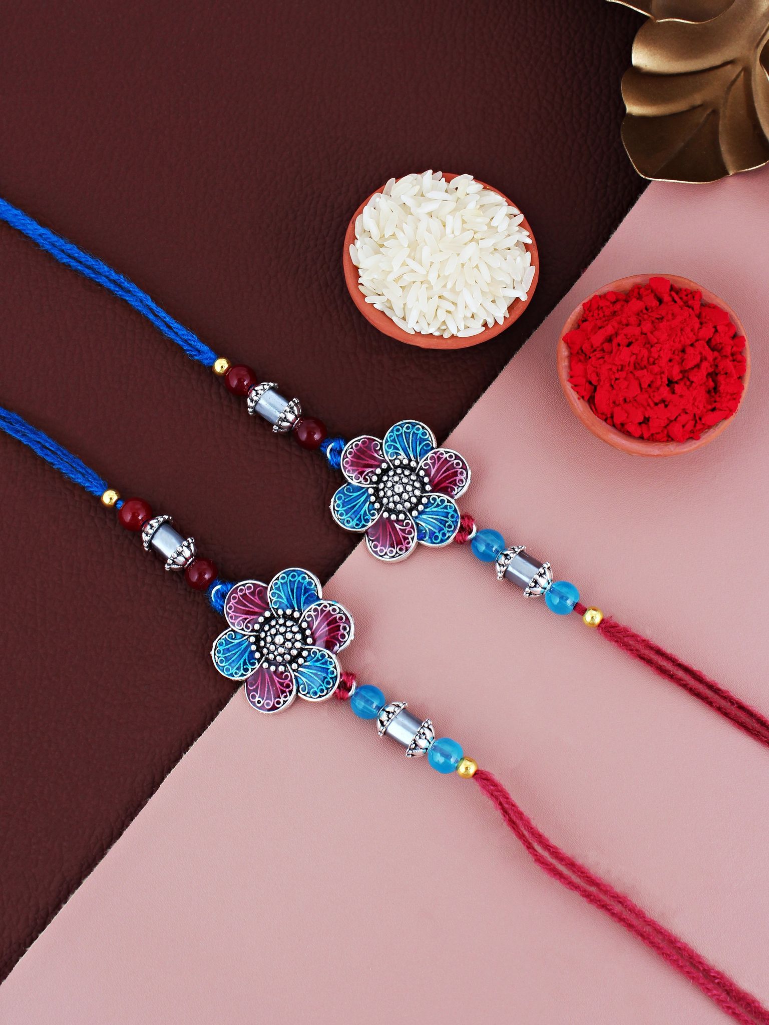 Lucky Jewellery Designer Oxidised Silver Rakhi - Rakshabandhan Magenta & Turquoise Color Meena Rakhee Bracelet for Brother/Bhaiya/Bhai/Bhabhi - Pack of 2 (106-CHR1-1967-RF-S-2)