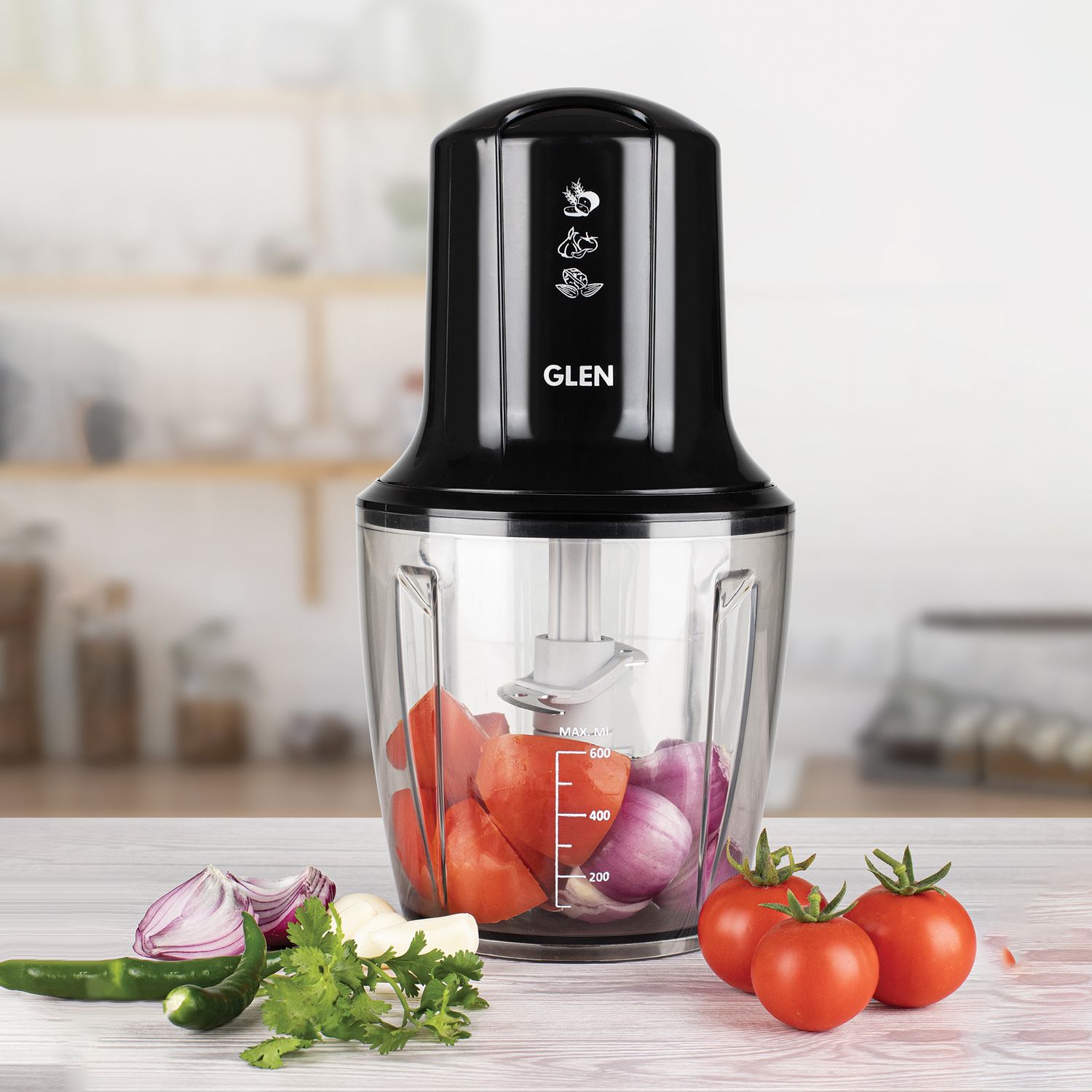 Glen Electric Turbo Plus Vegetable Chopper, 3 Stainless Steel Blades, Whisking Disc 0.6 Litre large Bowl, 300W - Black (4042TUPLUS)