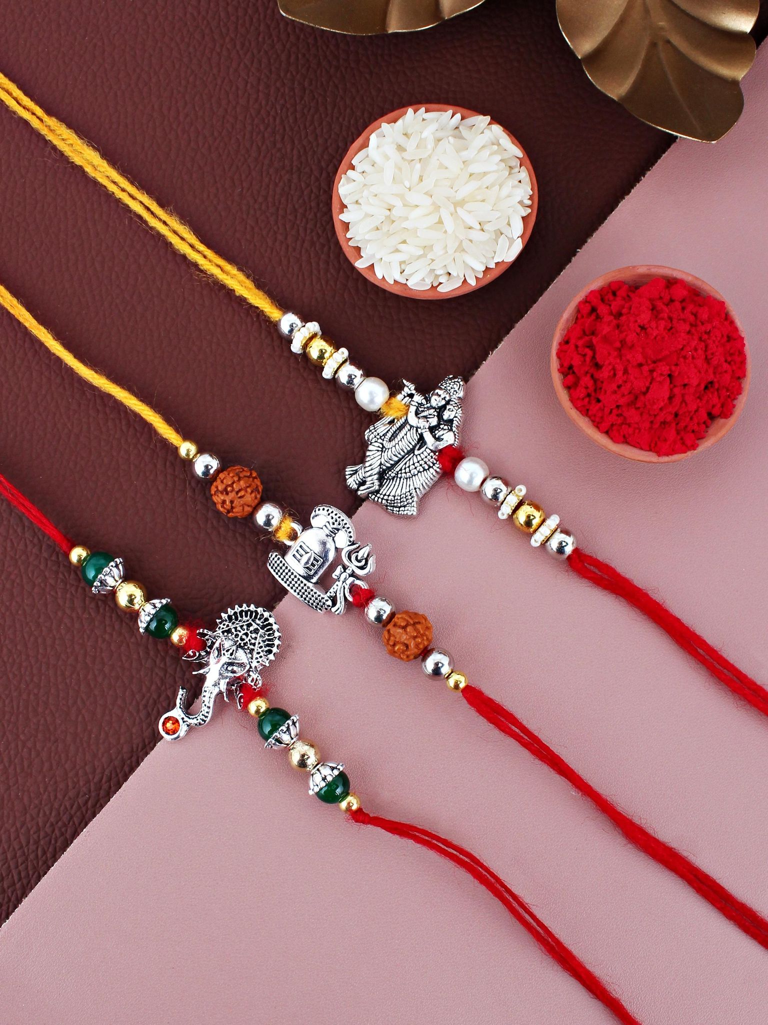 Lucky Jewellery Designer Oxidised Silver Religious Rakhi - Rakshabandhan Shiva/Ganesha & Radha Krishna Rakhee Bracelet for Brother/Bhaiya/Bhai/Bhabhi - Pack of 3 (115-JPR1-1984-S-3)