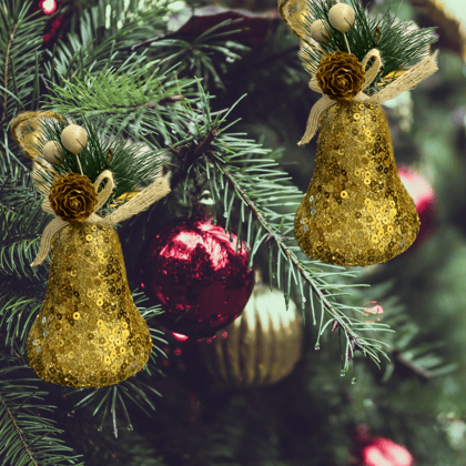 Christmas Tree Ornaments Golden Sequin Bell with Pine Cone Hanging - 3PC