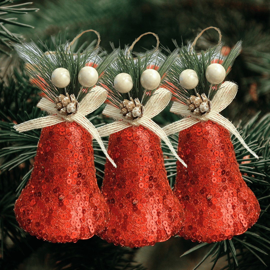 Christmas Tree Ornaments Red Sequin Bell with Pine Cone Hanging - 3PC